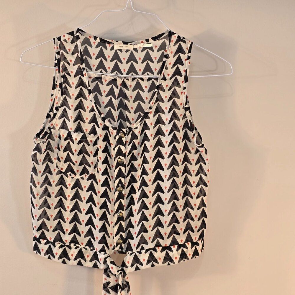 Poetry Sheer Sleeveless Button Front Blouse Cropped With Waist Tie Size Small
